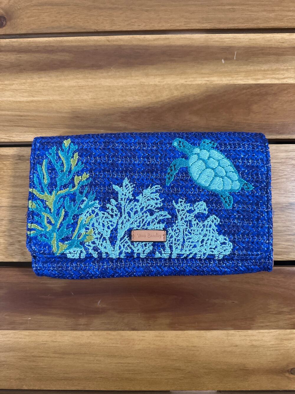 Vera Bradley Blue Raffia Sea Turtle Wallet Wristlet Clutch